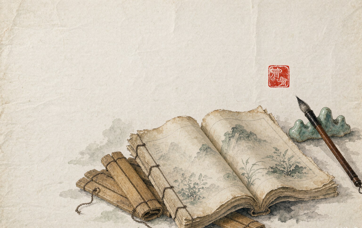 古代医书与竹简水墨画