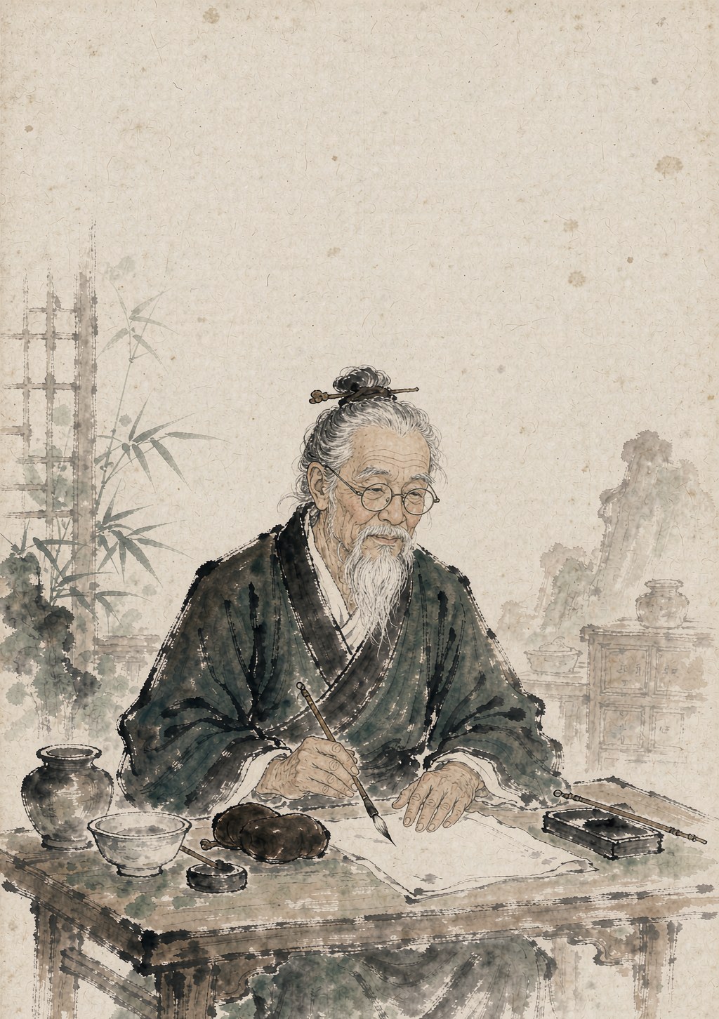 老中医坐诊水墨画像